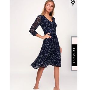 Lulus blue polka dot corset detail midi dress